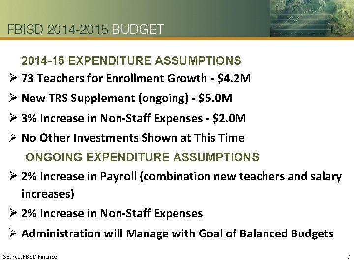 2014 -15 EXPENDITURE ASSUMPTIONS Ø 73 Teachers for Enrollment Growth - $4. 2 M