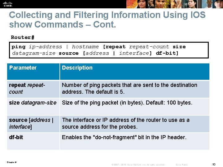 Collecting and Filtering Information Using IOS show Commands – Cont. Router# ping ip-address |
