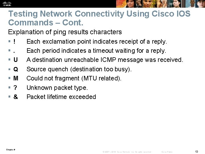 Testing Network Connectivity Using Cisco IOS Commands – Cont. Explanation of ping results characters