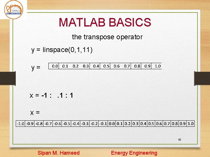 MATLAB BASICS the transpose operator y = linspace(0, 1, 11) y= x = -1 MATLAB BASICS the transpose operator y = linspace(0, 1, 11) y= x = -1