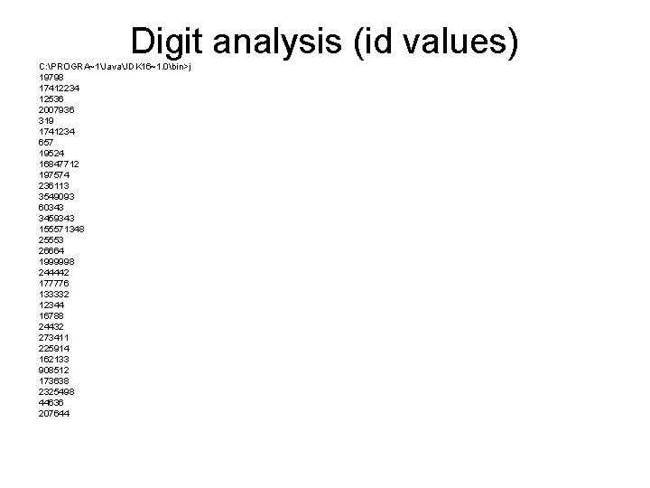 Digit analysis (id values) C: PROGRA~1JavaJDK 16~1. 0bin>j 19798 17412234 12536 2007936 319 1741234