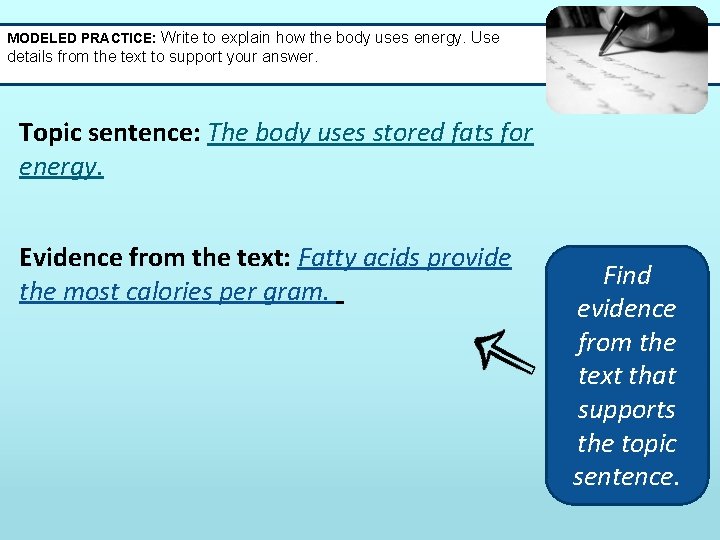 MODELED PRACTICE: Write to explain how the body uses energy. Use details from the