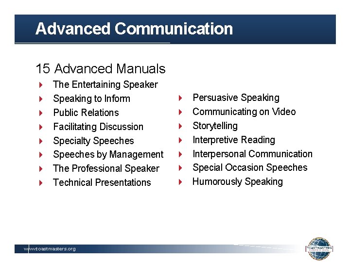 Advanced Communication 15 Advanced Manuals The Entertaining Speaker Speaking to Inform Public Relations Facilitating