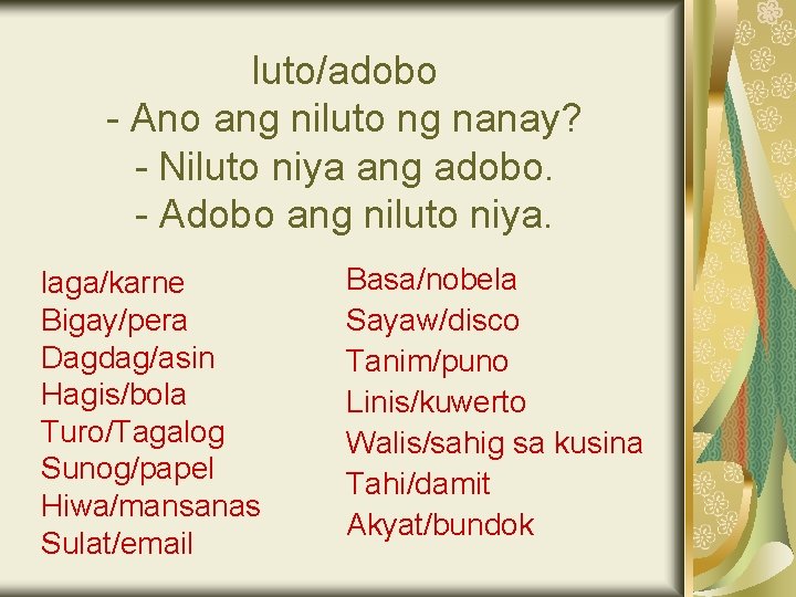 luto/adobo - Ano ang niluto ng nanay? - Niluto niya ang adobo. - Adobo