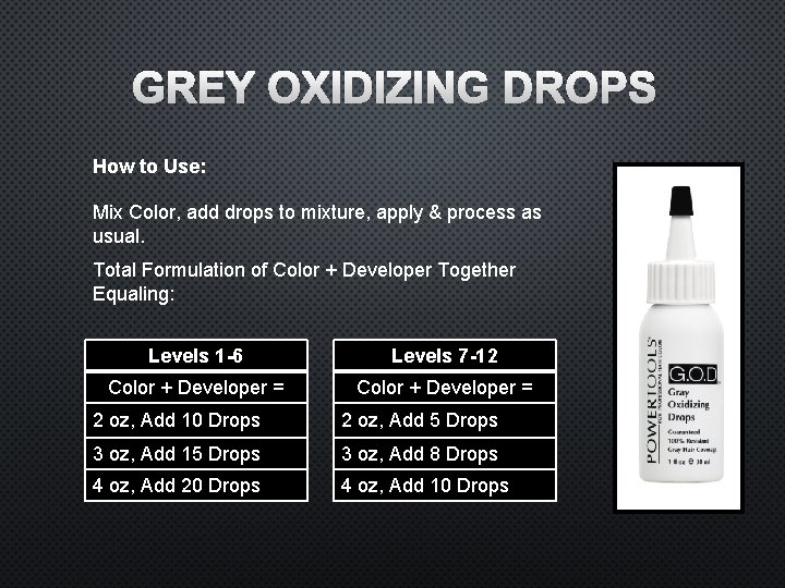 GREY OXIDIZING DROPS How to Use: Mix Color, add drops to mixture, apply &