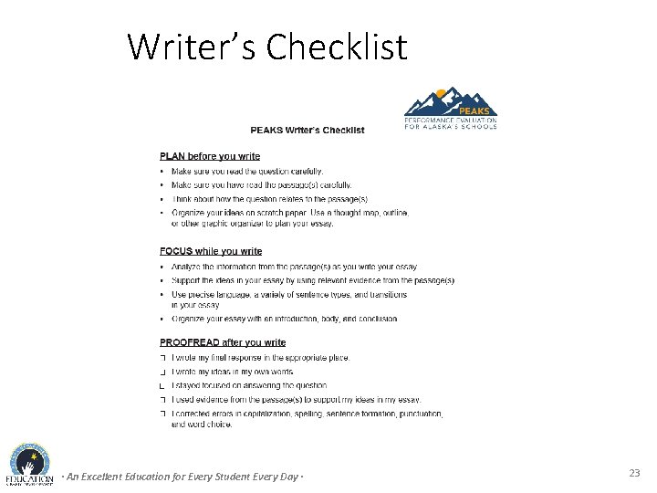 Writer’s Checklist · An Excellent Education for Every Student Every Day · 23 