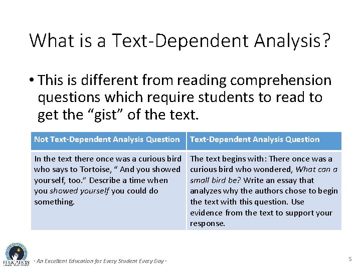 What is a Text-Dependent Analysis? • This is different from reading comprehension questions which