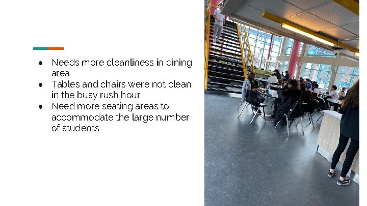 ● Needs more cleanliness in dining area ● Tables and chairs were not clean