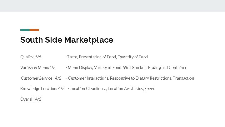 South Side Marketplace Quality: 5/5 - Taste, Presentation of Food, Quantity of Food Variety