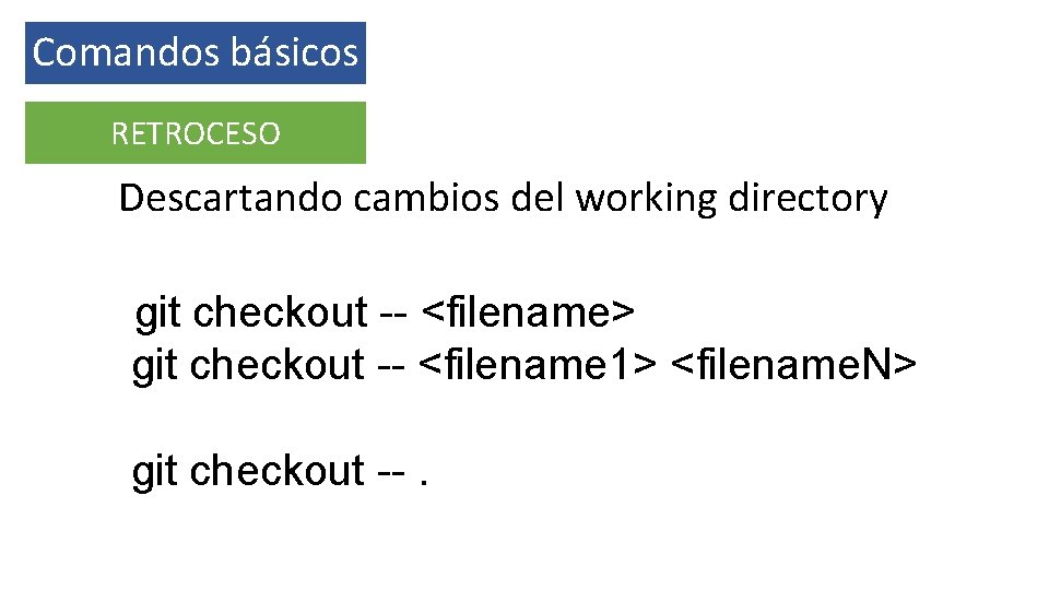 Comandos básicos RETROCESO Descartando cambios del working directory git checkout -- <filename> git checkout