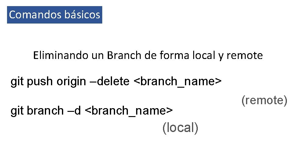 Comandos básicos Eliminando un Branch de forma local y remote git push origin –delete