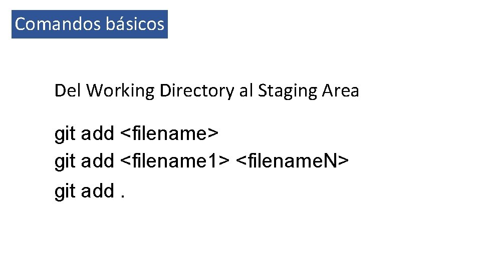 Comandos básicos Del Working Directory al Staging Area git add <filename> git add <filename