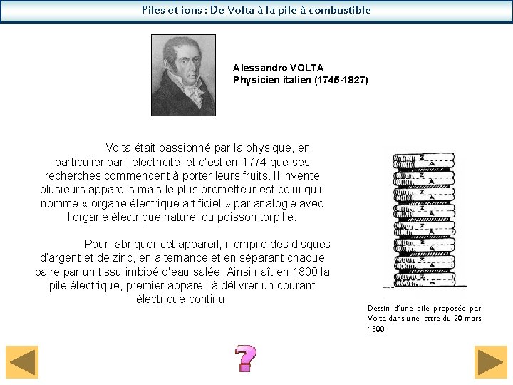 Piles et ions : De Volta à la pile à combustible Alessandro VOLTA Physicien