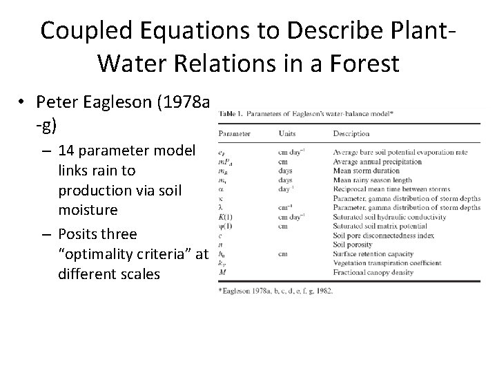 Coupled Equations to Describe Plant. Water Relations in a Forest • Peter Eagleson (1978