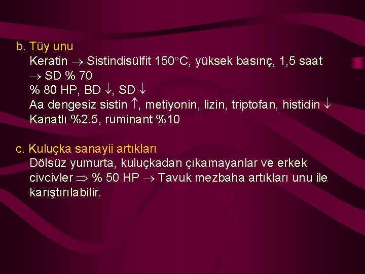 b. Tüy unu Keratin Sistindisülfit 150 C, yüksek basınç, 1, 5 saat SD %