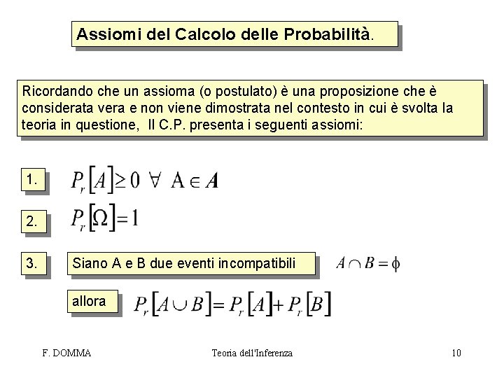 Assiomi del Calcolo delle Probabilità. Ricordando che un assioma (o postulato) è una proposizione