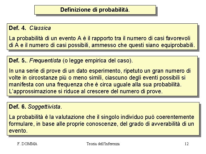 Definizione di probabilità. Def. 4. Classica La probabilità di un evento A è il