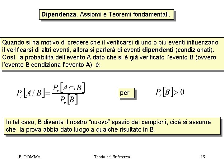 Dipendenza. Assiomi e Teoremi fondamentali. Quando si ha motivo di credere che il verificarsi