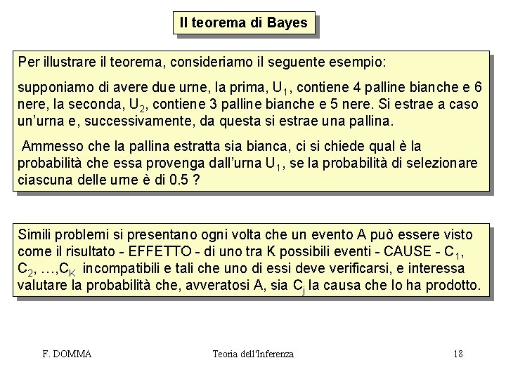 Il teorema di Bayes Per illustrare il teorema, consideriamo il seguente esempio: supponiamo di