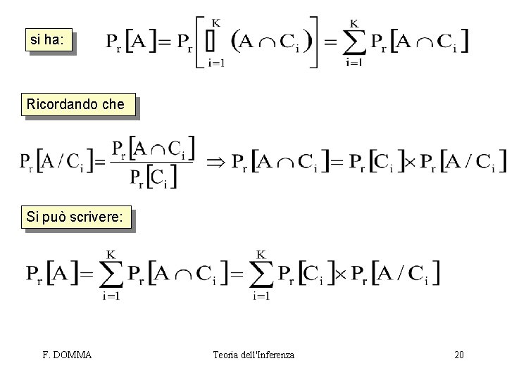 si ha: Ricordando che Si può scrivere: F. DOMMA Teoria dell'Inferenza 20 