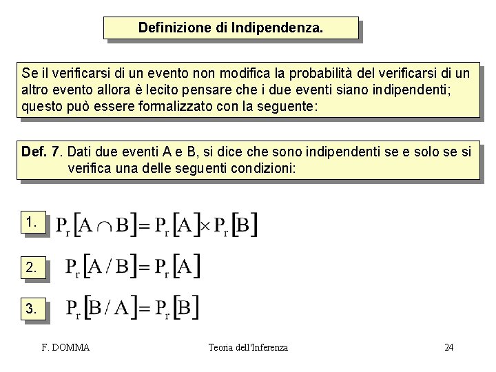 Definizione di Indipendenza. Se il verificarsi di un evento non modifica la probabilità del