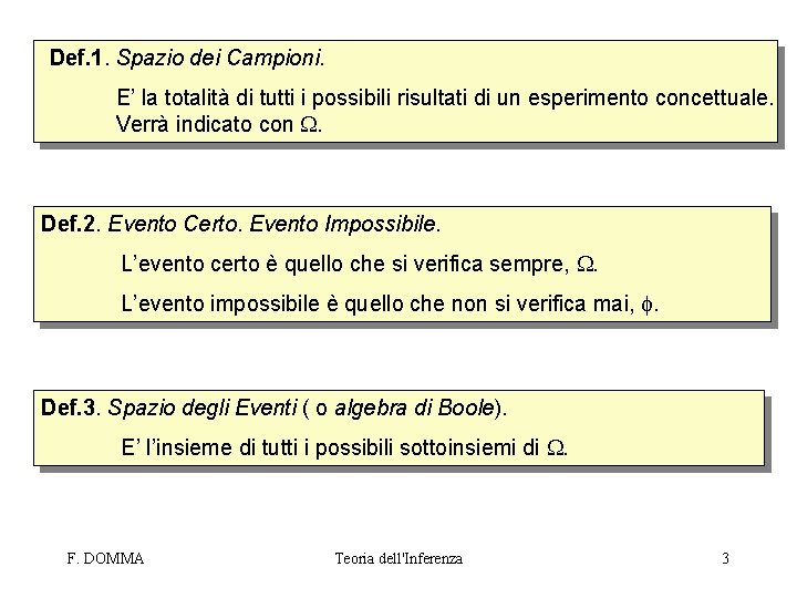 Def. 1. Spazio dei Campioni. E’ la totalità di tutti i possibili risultati di