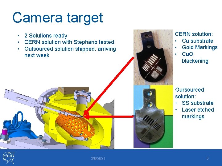 Camera target • 2 Solutions ready • CERN solution with Stephano tested • Outsourced