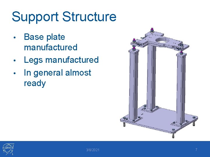Support Structure Base plate manufactured • Legs manufactured • In general almost ready •