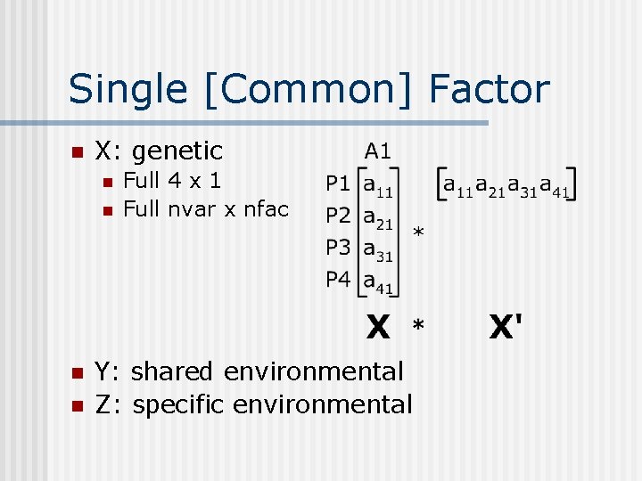 Single [Common] Factor n X: genetic n n Full 4 x 1 Full nvar