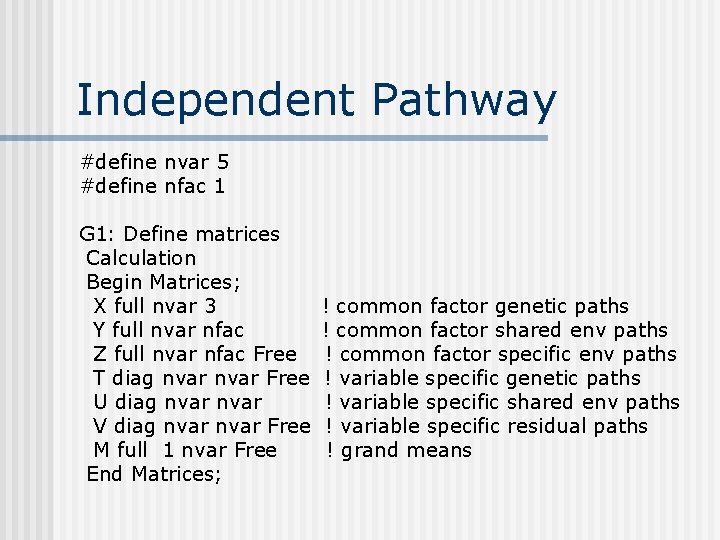 Independent Pathway #define nvar 5 #define nfac 1 G 1: Define matrices Calculation Begin