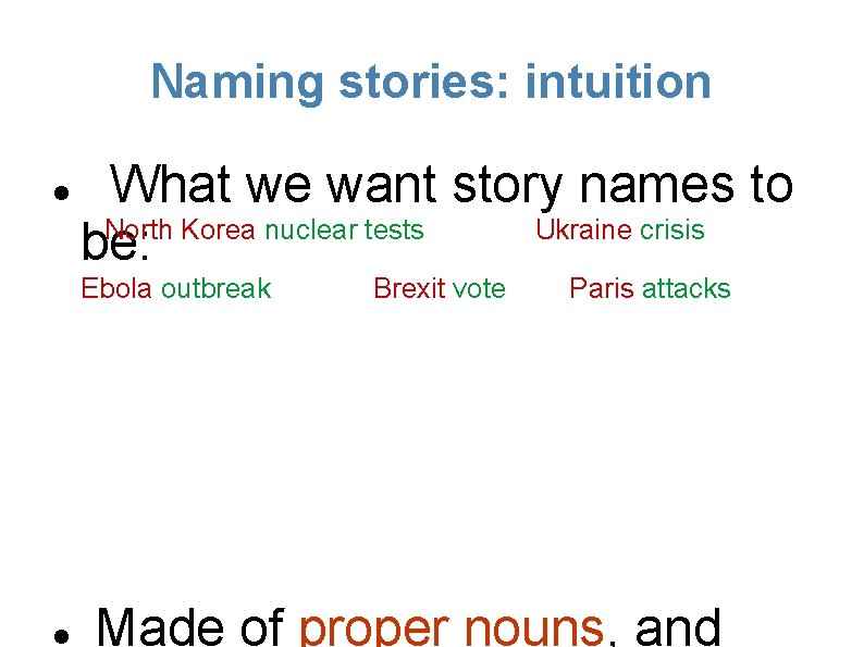 Naming stories: intuition What we want story names to North Korea nuclear tests Ukraine