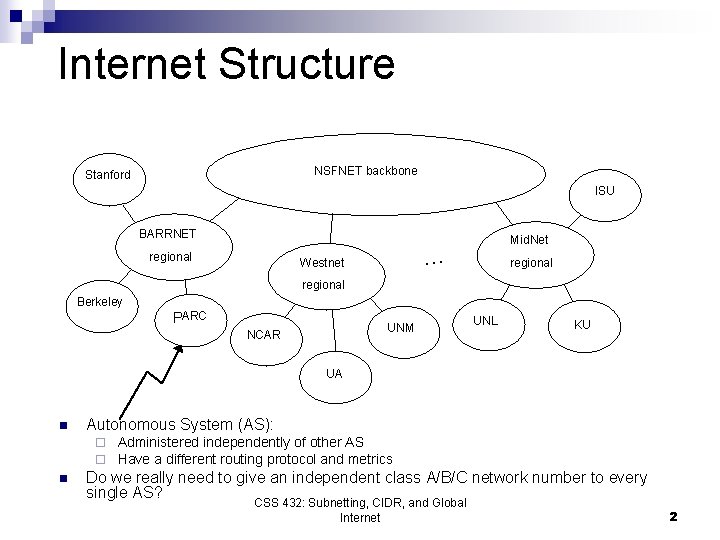 Internet Structure NSFNET backbone Stanford ISU BARRNET regional Mid. Net … Westnet regional Berkeley Internet Structure NSFNET backbone Stanford ISU BARRNET regional Mid. Net … Westnet regional Berkeley