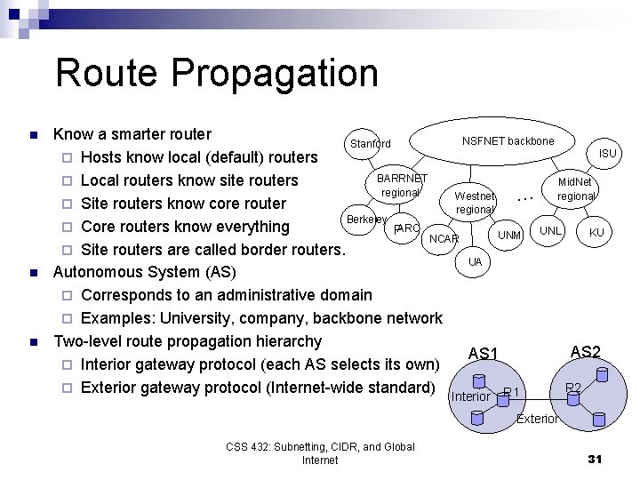 Route Propagation n Know a smarter router NSFNET backbone Stanford ISU ¨ Hosts know Route Propagation n Know a smarter router NSFNET backbone Stanford ISU ¨ Hosts know