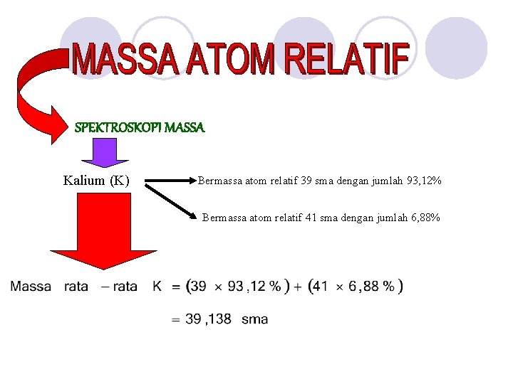 SPEKTROSKOPI MASSA Kalium (K) Bermassa atom relatif 39 sma dengan jumlah 93, 12% Bermassa