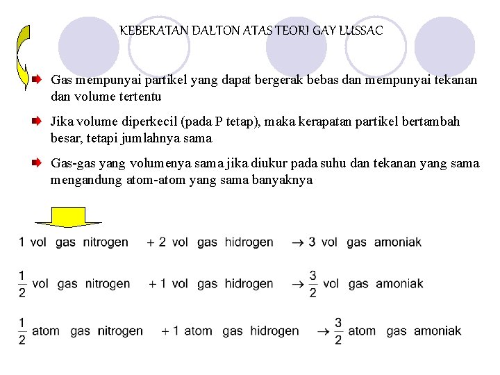 KEBERATAN DALTON ATAS TEORI GAY LUSSAC Gas mempunyai partikel yang dapat bergerak bebas dan