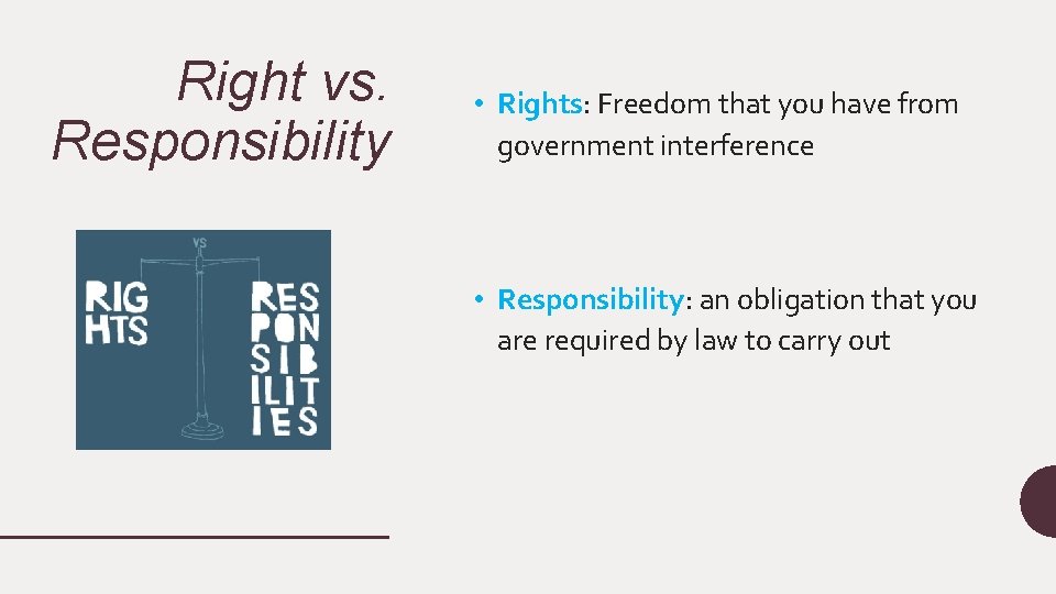 Right vs. Responsibility • Rights: Freedom that you have from government interference • Responsibility: