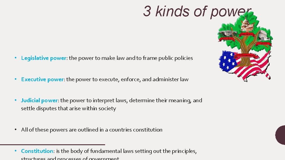 3 kinds of power • Legislative power: the power to make law and to