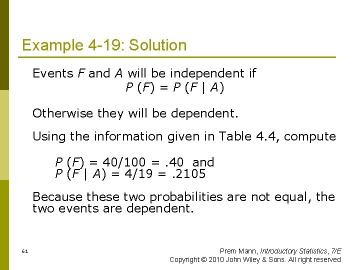 Example 4 -19: Solution Events F and A will be independent if P (F)