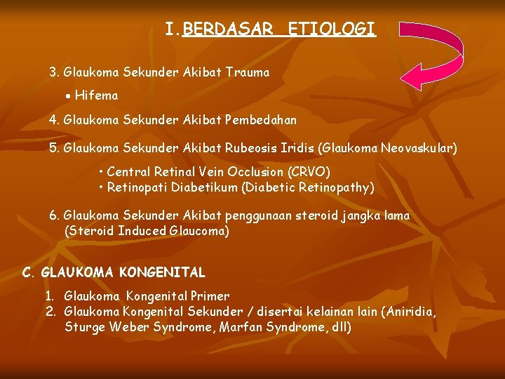 I. BERDASAR ETIOLOGI 3. Glaukoma Sekunder Akibat Trauma Hifema 4. Glaukoma Sekunder Akibat Pembedahan