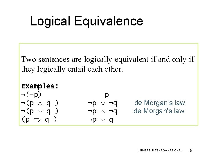 Logical Equivalence Two sentences are logically equivalent if and only if they logically entail Logical Equivalence Two sentences are logically equivalent if and only if they logically entail