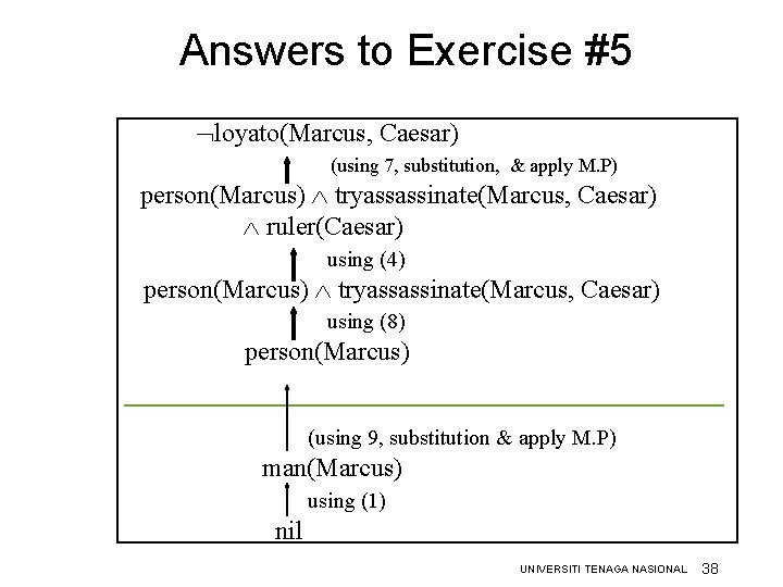 Answers to Exercise #5 loyato(Marcus, Caesar) (using 7, substitution, & apply M. P) person(Marcus) Answers to Exercise #5 loyato(Marcus, Caesar) (using 7, substitution, & apply M. P) person(Marcus)