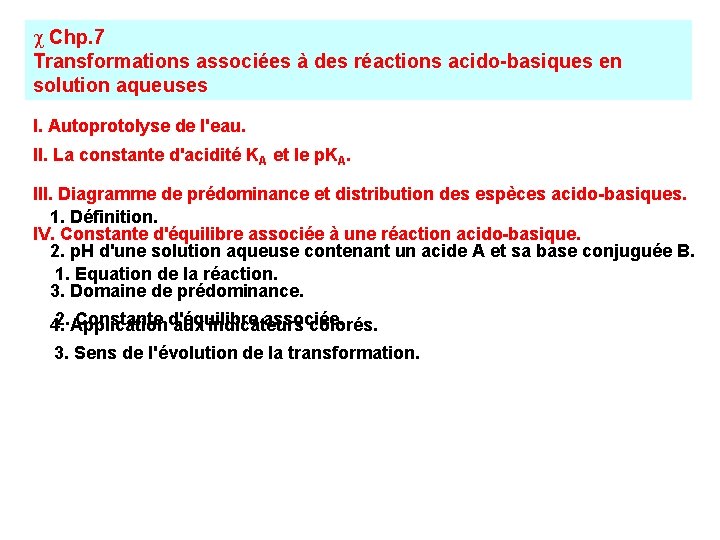 c Chp. 7 Transformations associées à des réactions acido-basiques en solution aqueuses I. Autoprotolyse