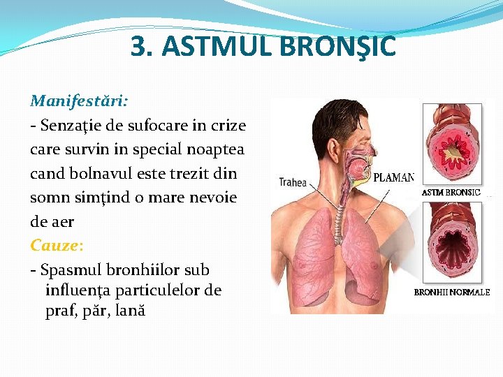  3. ASTMUL BRONŞIC Manifestări: - Senzaţie de sufocare in crize care survin in