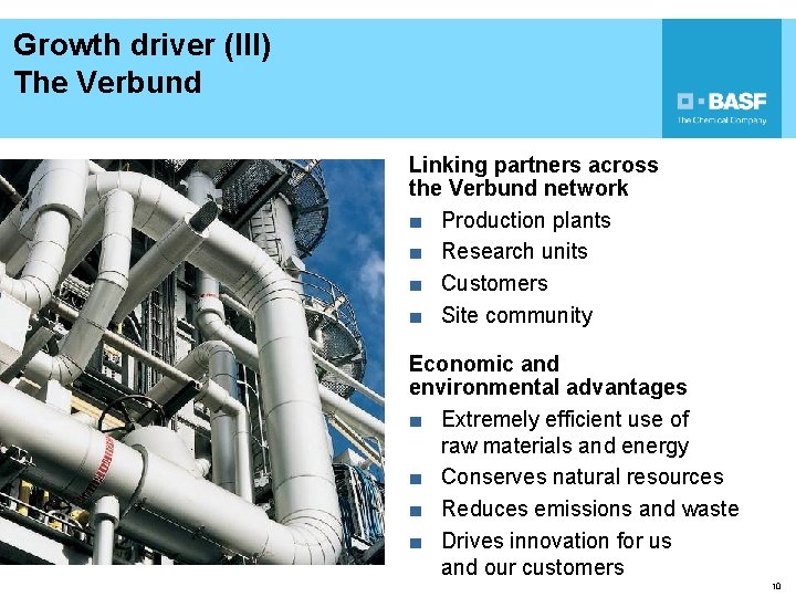 Growth driver (III) The Verbund Linking partners across the Verbund network ■ Production plants