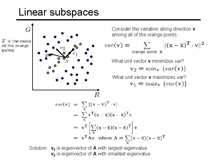 Linear subspaces Consider the variation along direction v among all of the orange points: