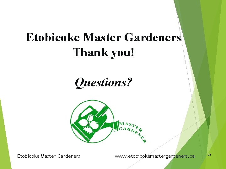 Etobicoke Master Gardeners Thank you! Questions? Etobicoke Master Gardeners www. etobicokemastergardeners. ca 28 