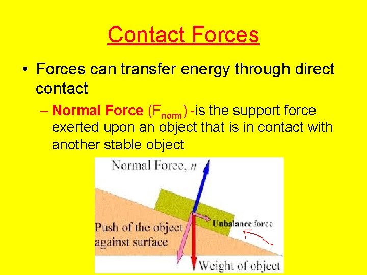 Contact Forces • Forces can transfer energy through direct contact – Normal Force (Fnorm)