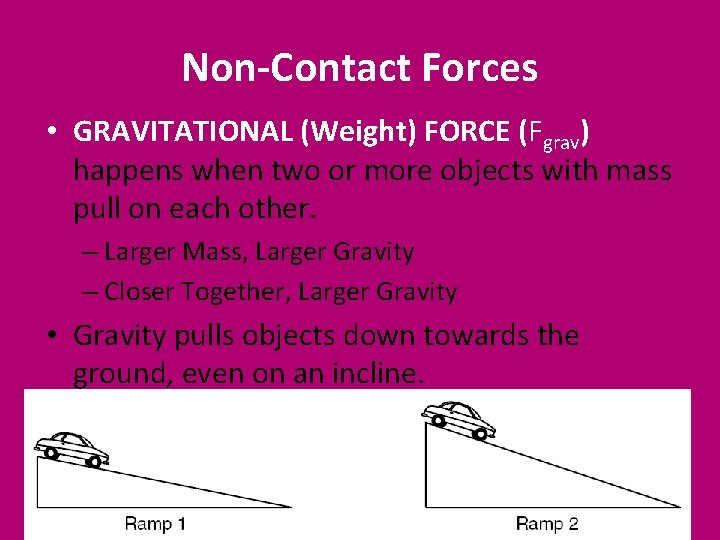 Non-Contact Forces • GRAVITATIONAL (Weight) FORCE (Fgrav) happens when two or more objects with