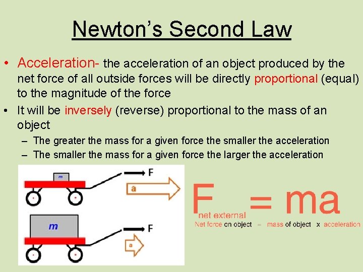 Newton’s Second Law • Acceleration- the acceleration of an object produced by the net