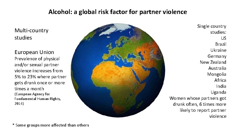 Alcohol: a global risk factor for partner violence Multi-country studies European Union Prevalence of